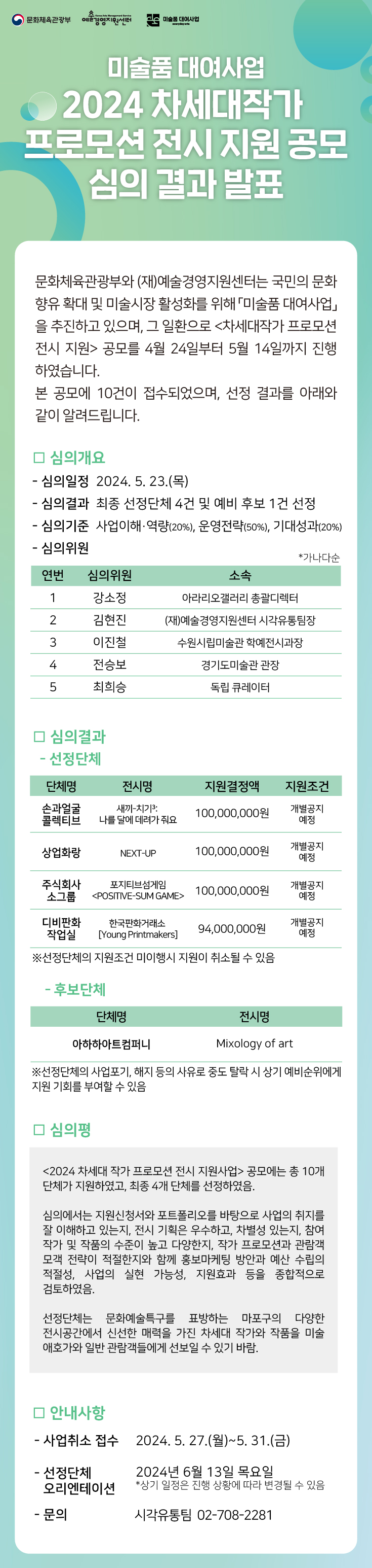 2024년 차세대작가 프로모션 전시 지원 공모 심의 결과 안내